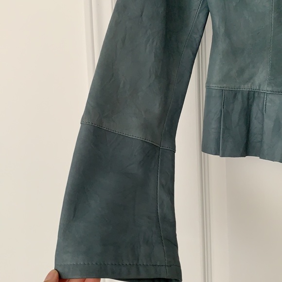 💙NWOT 100% LEATHER JACKET ROBIN’s EGG BUTTER SOFT PEPLUM ZIP MANDARIN COLLAR🐦 - Picture 7 of 15